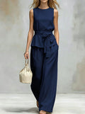 Spring-Summer Casual Sleeveless Belt Pants + Top 2-Piece Set