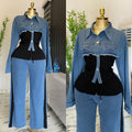 Fall Casual Fashion Long Sleeve Patchwork Wide Leg Pants + Top 2-Piece Set