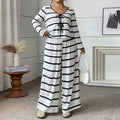 Women's Casual Plus Size Long Sleeve Tie-Front Striped Loose Wide Leg Pants + Top 2-P - Black