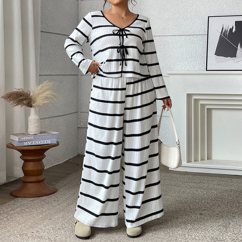 Women's Casual Plus Size Long Sleeve Tie-Front Striped Loose Wide Leg Pants + Top 2-P - Black
