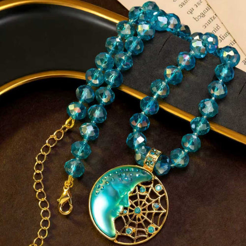 Vintage Dream Net Moon Necklace Niche Fashionable Heavy-Duty Versatile Pendant Two-Tone Round Crystal Necklace