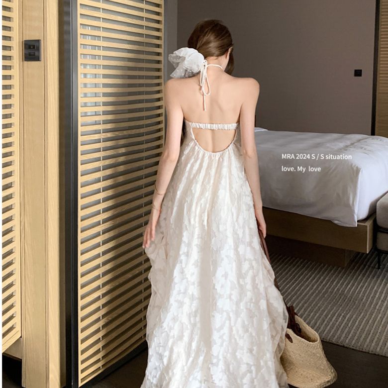 Beach Backless Halter Padded Hollow Mid-Length Dress