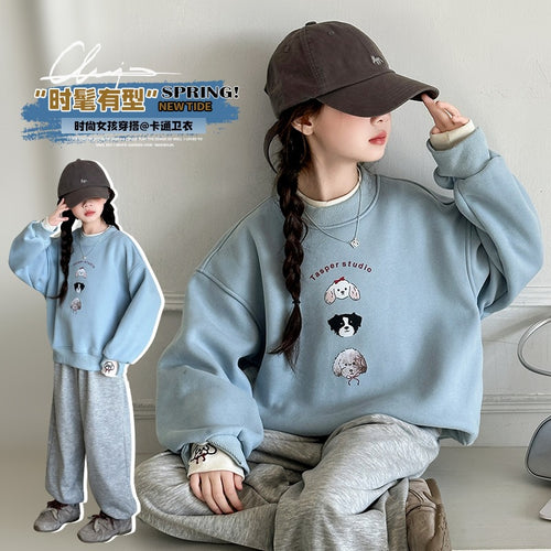 Girls' Milk Blue Puppy Embroidery Hoodie