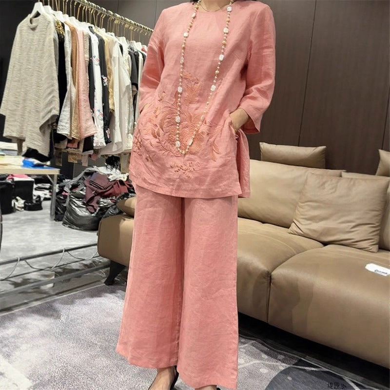 Women's Summer New Chinese Embroidered 3/4 Sleeve Heavy Wide Leg Pants + Shirt 2-Piec - Pink