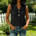 Summer Casual Linen Cotton Sleeveless V-Neck Lapel Collar Loose Shirt + Tank Top
