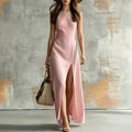 Minimalist Sleeveless Belted Slit Long Dress, Vacation Style