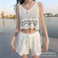 Women's Summer Bohemian Ethnic Lace Crochet Hollow-Out Crochet Camisole + Shorts 2-Pi - White