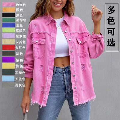 厂家直销跨境新款美式纯色中长款破洞长袖牛仔外套欧美风夹克女