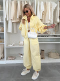 Casual Solid Zip Collar Cardigan + Elastic Cuff Pants Two-Piece Set