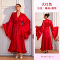 菲韵外贸缎面轻奢毛毛边长睡袍女喇叭袖系带开衫长款家居袍1288