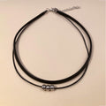Western Personality Minimalist Leather Wax Cord Silver Plated Bead chocker Choker Double-Layer Necklace Bead Collar N5955