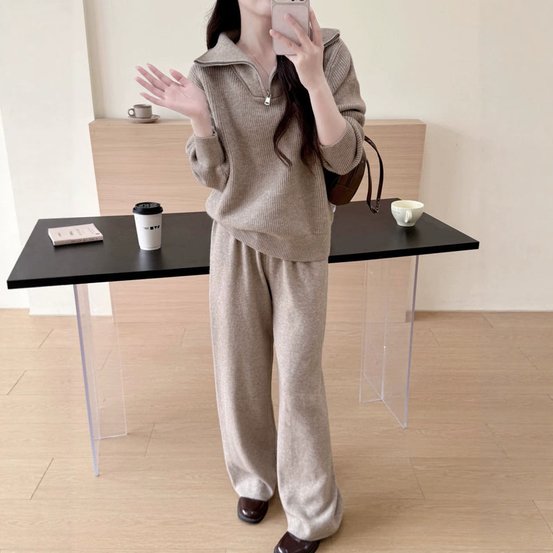 Fall-Winter Casual Knit Wool Stand Collar Wide Leg Sweater + Pants 2-Piece Set