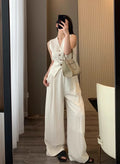Summer Old Money Fashion Tencel Linen Sleeveless Wide Leg Pants + Vest 2-Piece Set