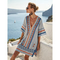Bohemian Print V-Neck Loose Beach Dress, Summer Sun Protection