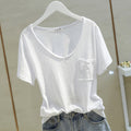 Bamboo Cotton V-Neck T-Shirt - Solid Color Patch Pocket Short Sleeve Top Women