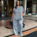 2026 Summer Fashion V-Neck Button Short Sleeve Shirt + Hollow-Out Wide Leg Pants Set