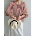 Summer Korean Ramie Tencel Half Sleeve Tie-Front Loose Shirt