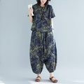Women's Summer Ethnic Fashion Plus Size Short Sleeve Printed Loose Harem Pants 2-Piec - Rose Red
