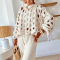 Solid Hollow-Out Crochet Knit Long Sleeve Beach Cover-Up Sweater