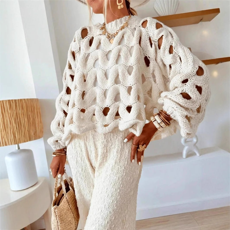 Solid Hollow-Out Crochet Knit Long Sleeve Beach Cover-Up Sweater