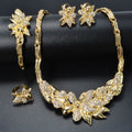 EU/US Import Export Dubai Gold 18K Slub Chain Flower Rhinestone Necklace Bracelet Set Earrings Ring Banquet Set