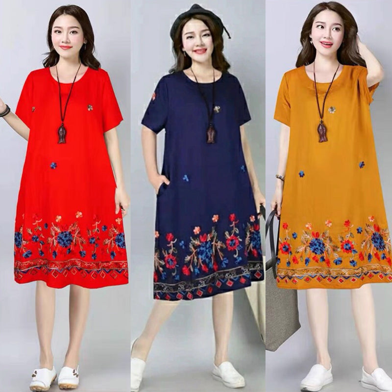 Ethnic Style Tencel Cotton Embroidered Mid-Length Casual Beach Dress