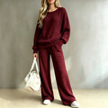 Fall-Winter Casual Fashion Knit Long Sleeve Wide Leg Pants + Top 2-Piece Set