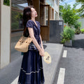 Women's Summer Retro Casual Embroidered Lightweight Skirt Set 2026 - Navy