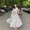 Oil Painting Print Embroidered Halter Dress, Seaside Vacation