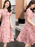 Sweet Small Floral Bow Tie Dress, French Print Slimming