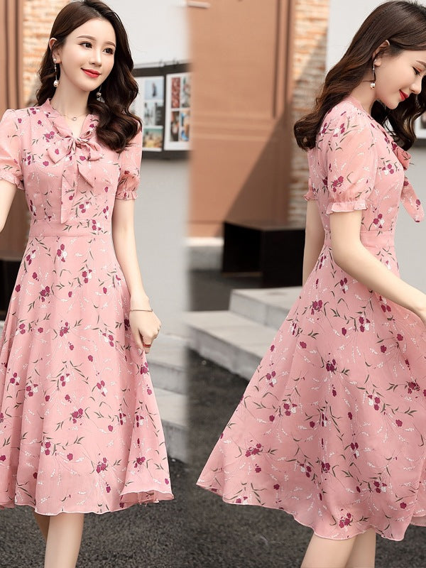 Sweet Small Floral Bow Tie Dress, French Print Slimming