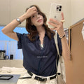 Office Korean Lace Short Sleeve V-Neck Patchwork Loose Shirt