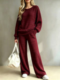 Fall-Winter Casual Fashion Knit Long Sleeve Wide Leg Pants + Top 2-Piece Set