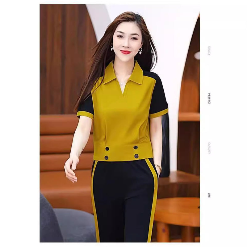 Summer Fashion Designer Short Sleeve Lapel Collar Loose Wide Leg Pants + Top 2-Piece Set
