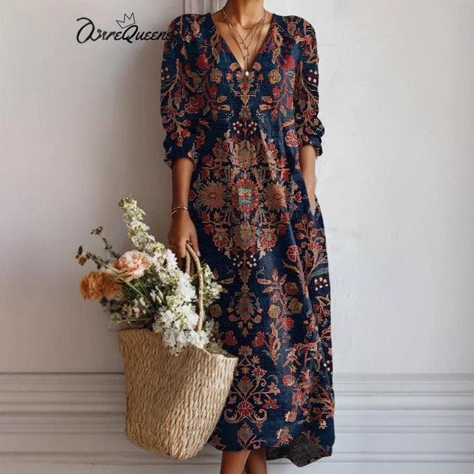 Y2K V-Neck Long Sleeve Print Dress - Fashion Trendy Spring Summer Dress Women