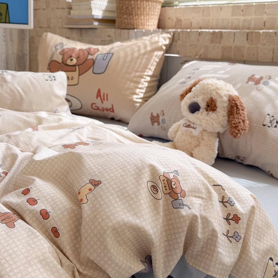 Pink Charcoal Blue Kitty Cotton-Linen 4-Piece Bedding Set - view 2