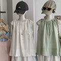 Korean Japanese Sleeveless Crew Neck Tie-Front Doll Top Shirt + Tank Top
