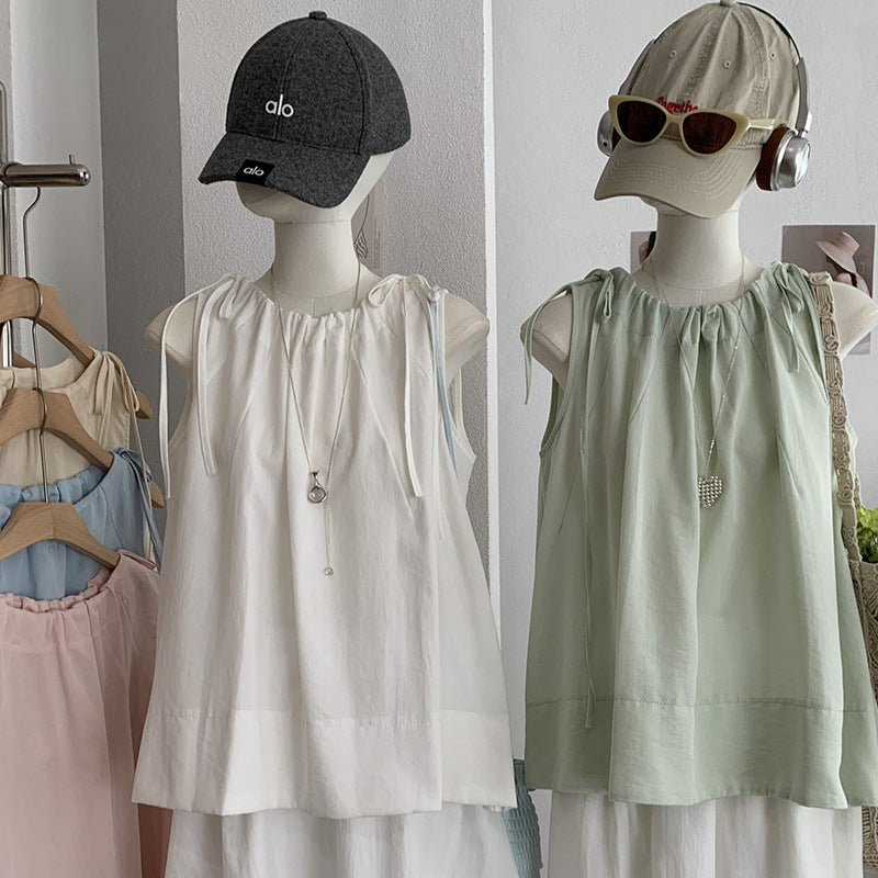 Korean Japanese Sleeveless Crew Neck Tie-Front Doll Top Shirt + Tank Top