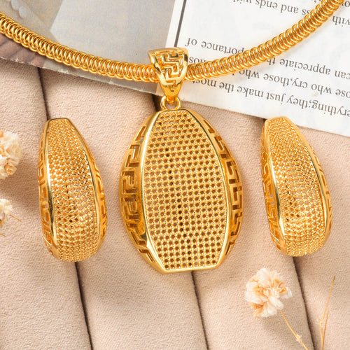 Middle East Copper Gold Plated Overseas Dubai Jewelry Cutout Texture Net Form Pendant Necklace Earrings Set Bride Set