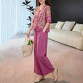 Women's Summer Ethnic Artistic Short Sleeve V-Neck Loose Wide Leg Pants + Top 2-Piece - Rose Red Set