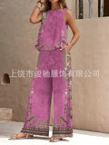 Women's Ethnic Sleeveless Slit Drapey Loose Wide Leg Pants + Tank Top 2-Piece Set 202 - 【LTA】◆1