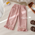 Girls' Embroidered Wide-Leg Pants with Lace Trim