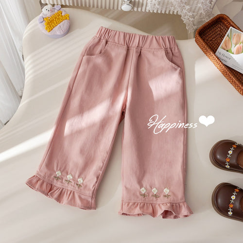 Girls' Embroidered Wide-Leg Pants with Lace Trim