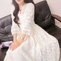 Women's Summer Korean Vacation Lace V-Neck Waist-Tie Fitted Dress + Skirt 2026 - White