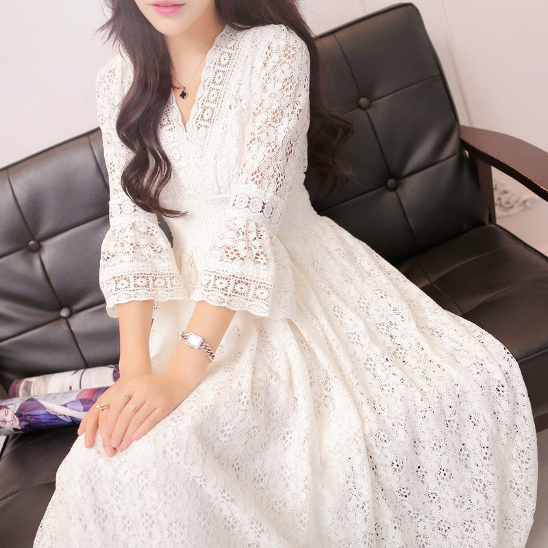 Women's Summer Korean Vacation Lace V-Neck Waist-Tie Fitted Dress + Skirt 2026 - White