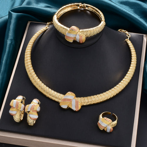 Amazon Overseas Bestseller 18K Starry Sky Necklace Bracelet Set Earrings Ring Middle East Women Banquet Jewelry Set