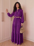 Fall Gentle Lantern Sleeve Crew Neck High Waist Fitted Shirt + Skirt Set