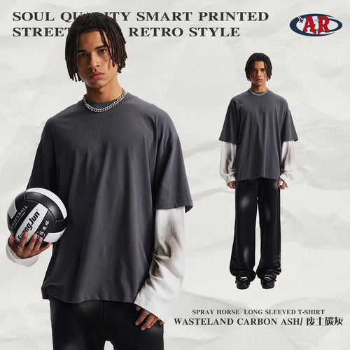 ARTIE Fall/Winter Wasteland Pure Cotton Spray-Dye Faux Layered Contrast T-Shirt