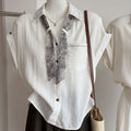 Summer Korean Casual Embroidered Short Sleeve Loose Cuffed Topstitched Shirt