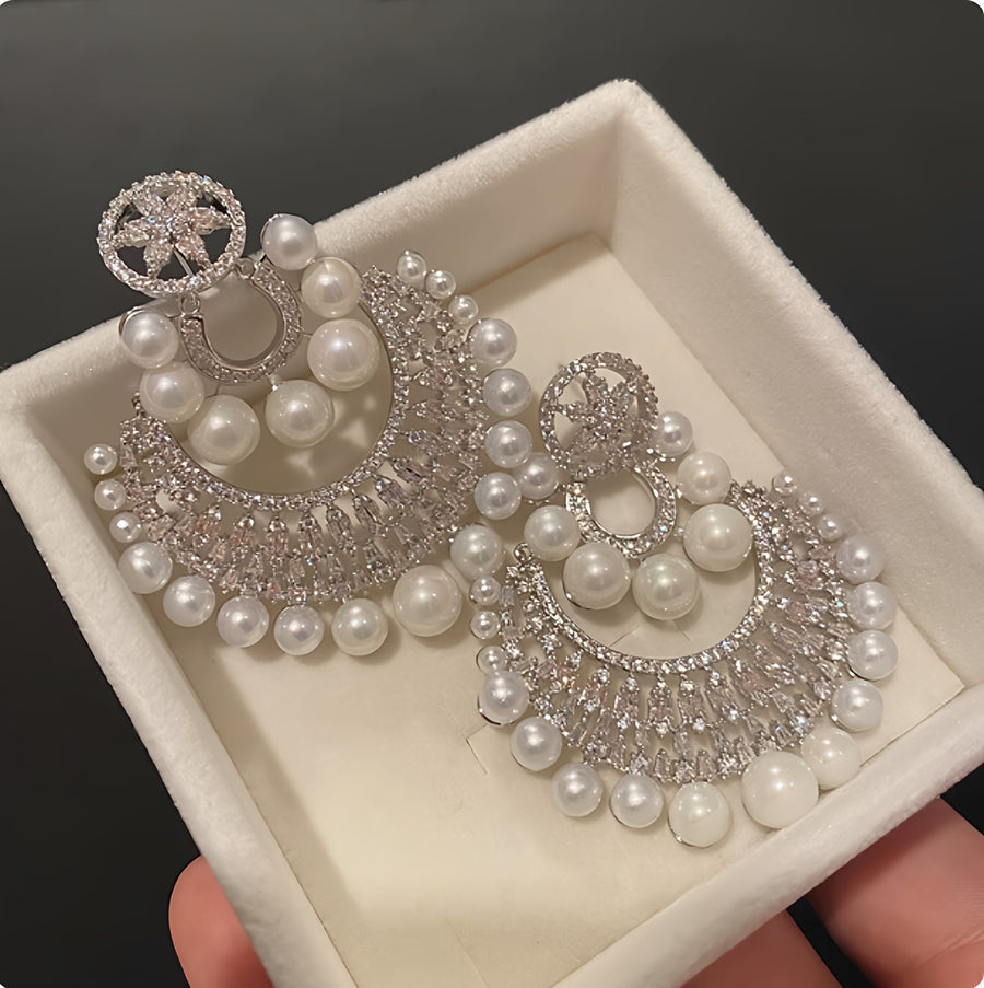Rhinestone Flower Pearl Statement Earrings - view 3